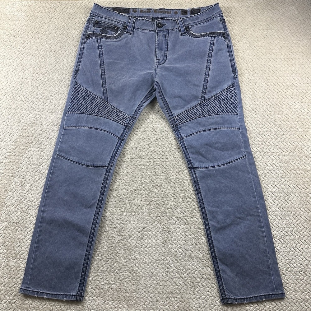 Rock Revival Sycamore Biker Jeans Mens 40x34 Blue Light Wash Skinny Denim Pants - Picture 2 of 16